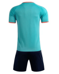 Teal sports jersey and navy shorts on a white background