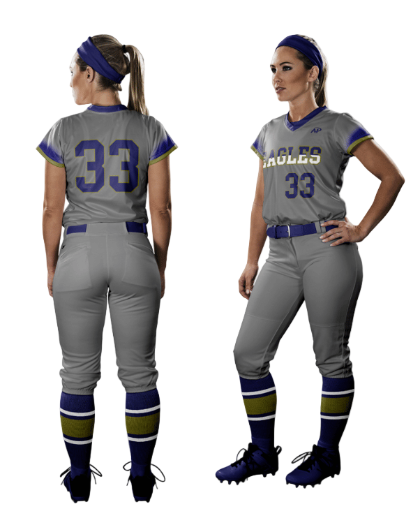 Two views of a softball uniform with the number 33 on a white background