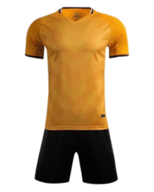 Yellow sports jersey and black shorts on a white background